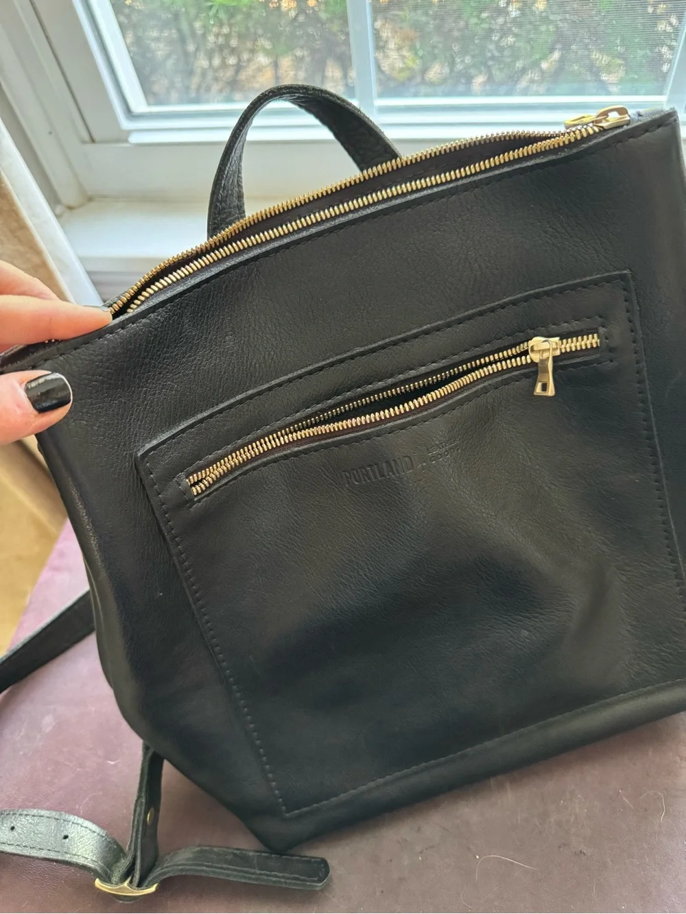 Portland Leather Backpack, pebbled black with gold zippers